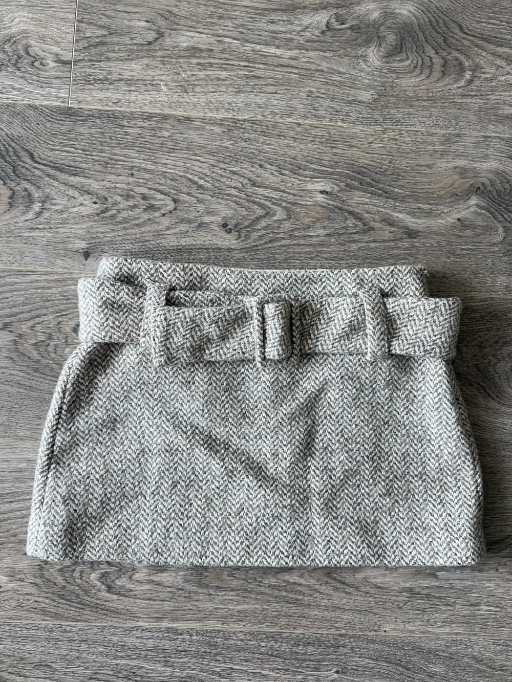 Gray Herringbone Belted Mini Skirt